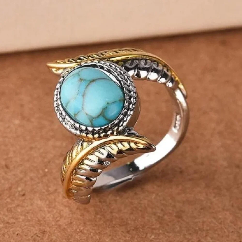 Silver Turquoise Feather Ring Womens Silver‎ Gold Plated Party Wedding